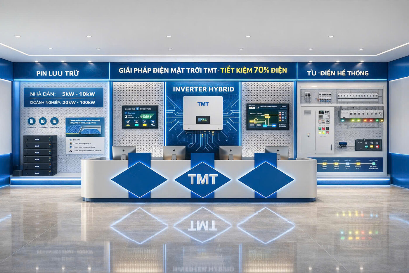 Khu trưng bày giải pháp điện mặt trời của TMT: pin lưu trữ, biến tần hybrid, tủ điện